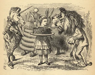 Kakun jakaminen leijonan ja yksisarvisen välillä, kuvitus Lewis Carrollin (1832-98) teoksesta Through the Looking Glass, joka julkaistiin ensimmäisen kerran 1871